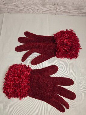 Burgundy Red Fuzzy Cuff Gloves Winter Warm Accessories